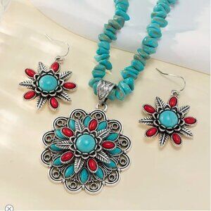 Imitation Turquoise & Coral Red Floral Jewelry Set - Necklace & Earrings - Boho